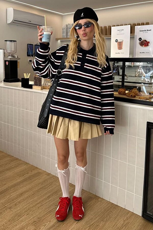 Siyah Polo Yaka Çizgili Kadın Triko Kazak Mg2469