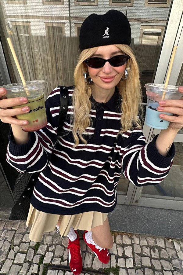 Siyah Polo Yaka Çizgili Kadın Triko Kazak Mg2469