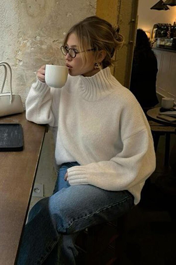 Ekru Boğazlı Kadın Triko Kazak Mg2535