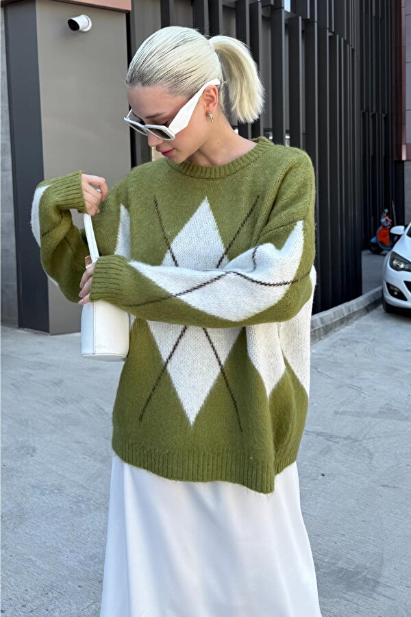 Yağ Yeşili Bisiklet Yaka Baklava Desen Kadın Kazak Mg2471