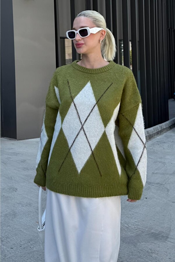 Yağ Yeşili Bisiklet Yaka Baklava Desen Kadın Kazak Mg2471