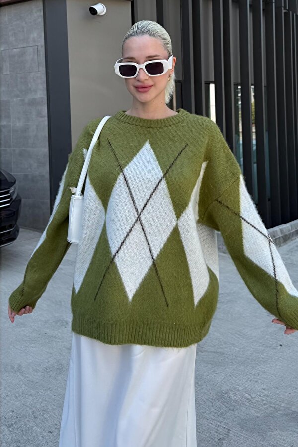 Yağ Yeşili Bisiklet Yaka Baklava Desen Kadın Kazak Mg2471