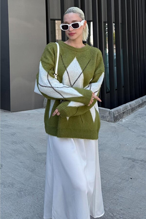 Yağ Yeşili Bisiklet Yaka Baklava Desen Kadın Kazak Mg2471