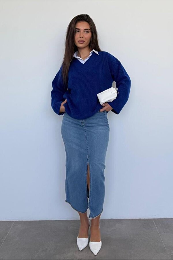 Saks V Yaka Triko Kadın Kazak Mg2501