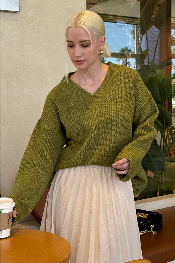 Yağ Yeşili V Yaka Triko Kadın Kazak Mg2501