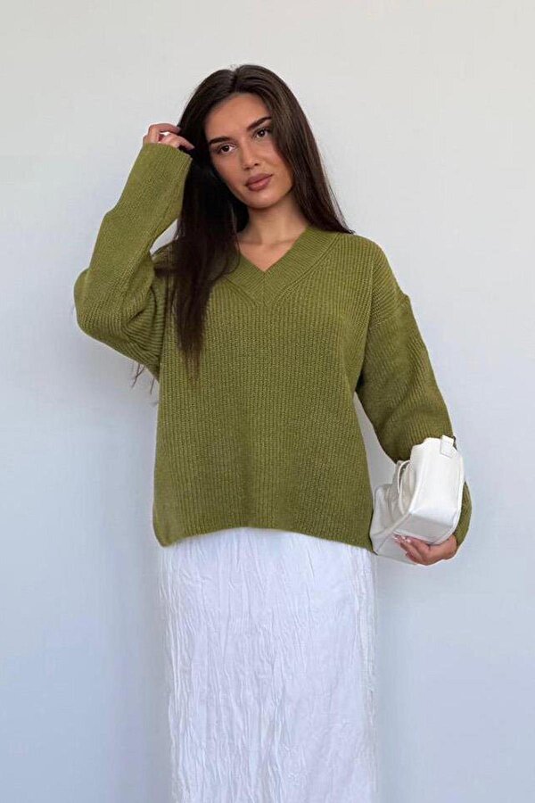 Yağ Yeşili V Yaka Triko Kadın Kazak Mg2501