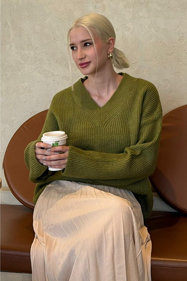 Yağ Yeşili V Yaka Triko Kadın Kazak Mg2501