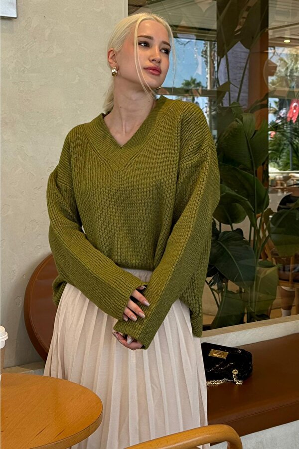 Yağ Yeşili V Yaka Triko Kadın Kazak Mg2501