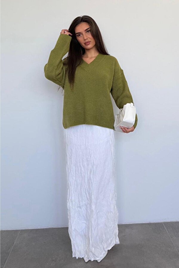 Yağ Yeşili V Yaka Triko Kadın Kazak Mg2501