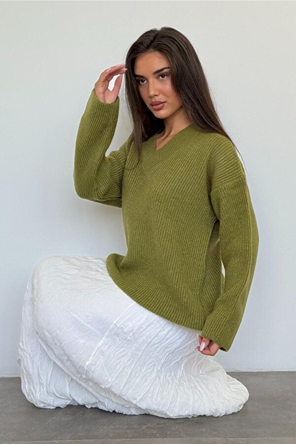 Yağ Yeşili V Yaka Triko Kadın Kazak Mg2501