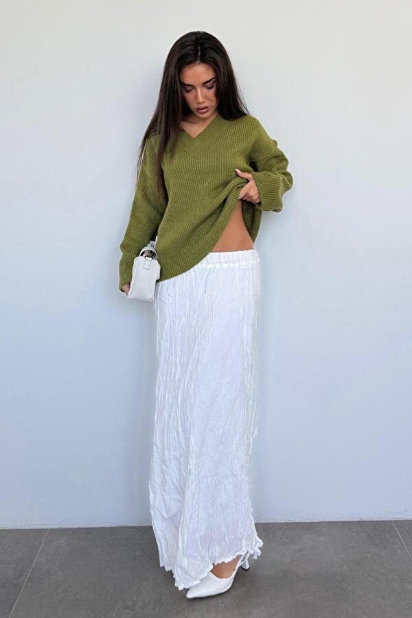 Yağ Yeşili V Yaka Triko Kadın Kazak Mg2501