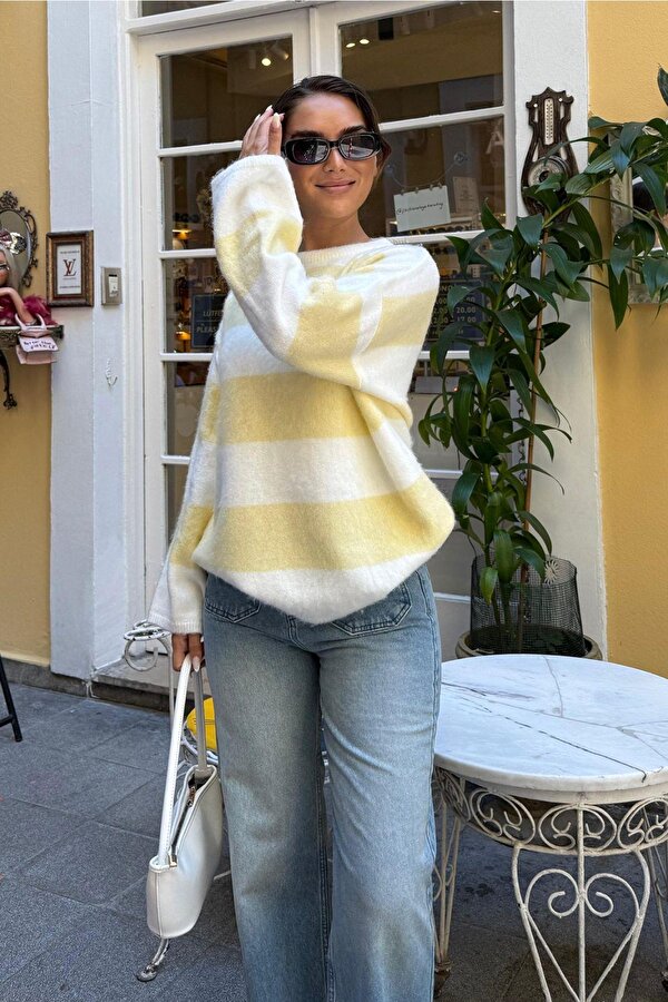 Sarı Bisiklet Yaka Çizgili Triko Kadın Kazak Mg2472