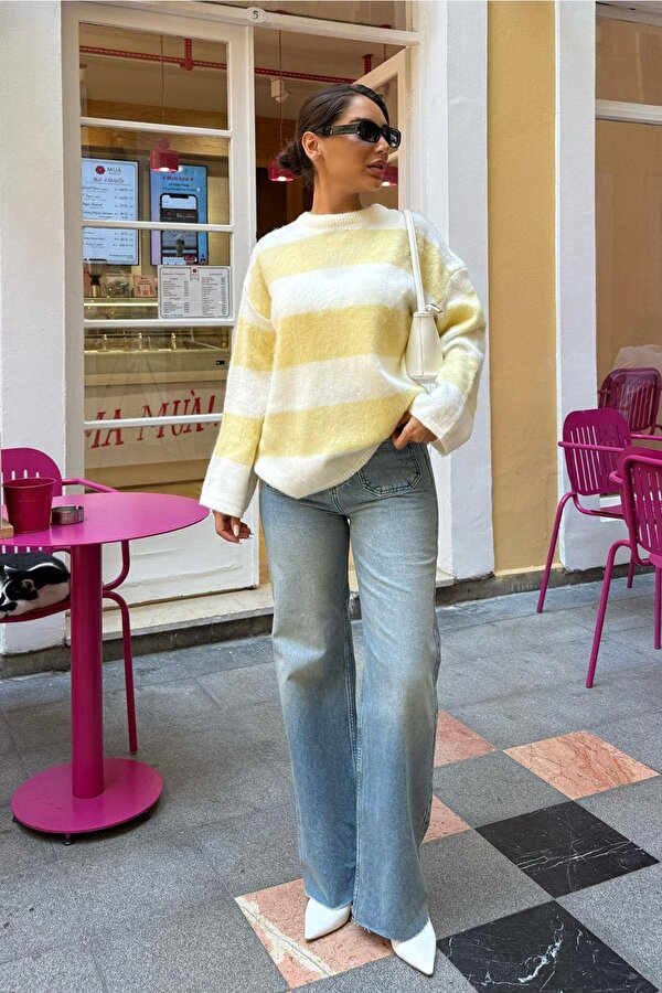 Sarı Bisiklet Yaka Çizgili Triko Kadın Kazak Mg2472