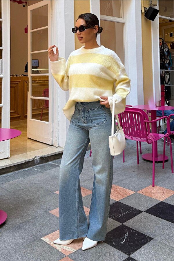 Sarı Bisiklet Yaka Çizgili Triko Kadın Kazak Mg2472