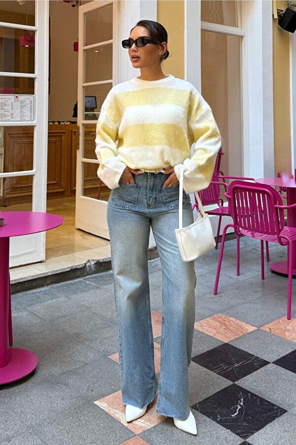 Sarı Bisiklet Yaka Çizgili Triko Kadın Kazak Mg2472