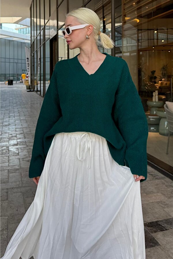 Petrol Yeşili V Yaka Triko Kadın Kazak Mg2501