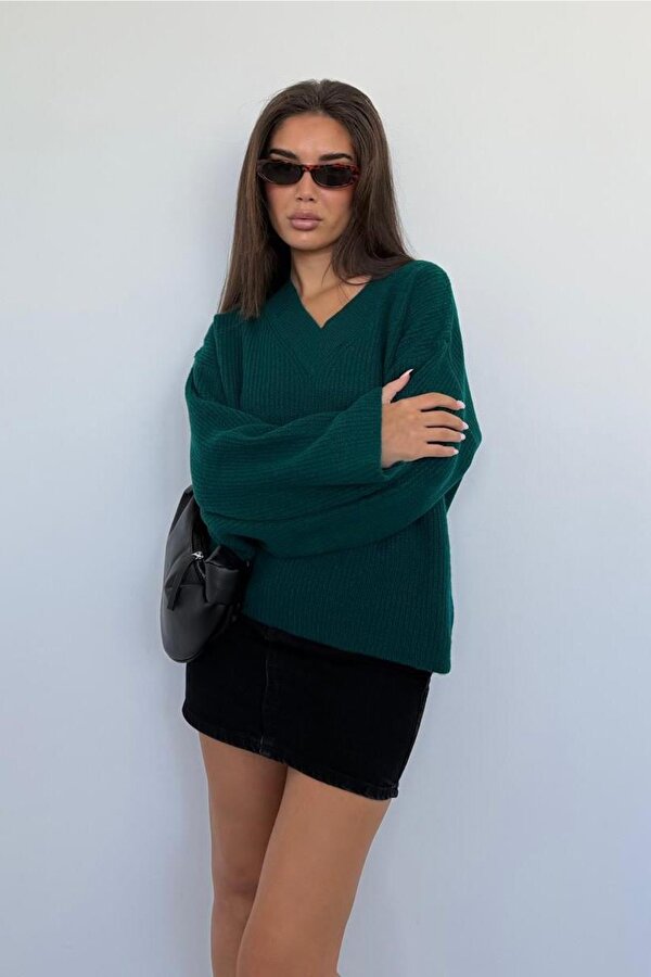Petrol Yeşili V Yaka Triko Kadın Kazak Mg2501