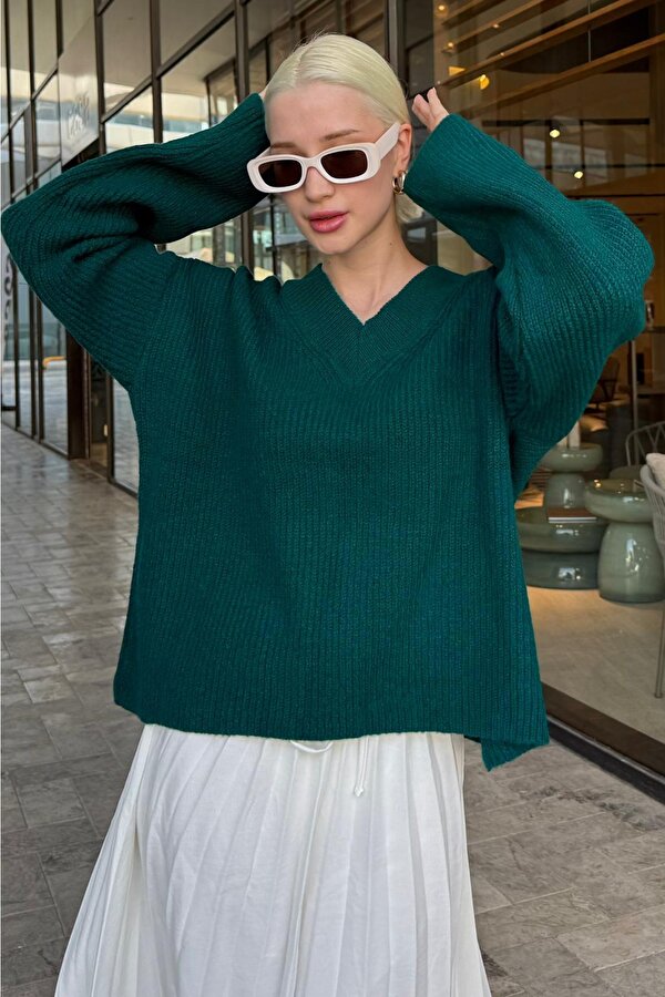 Petrol Yeşili V Yaka Triko Kadın Kazak Mg2501