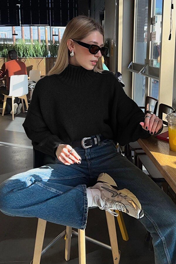 Siyah Boğazlı Kadın Triko Kazak Mg2535