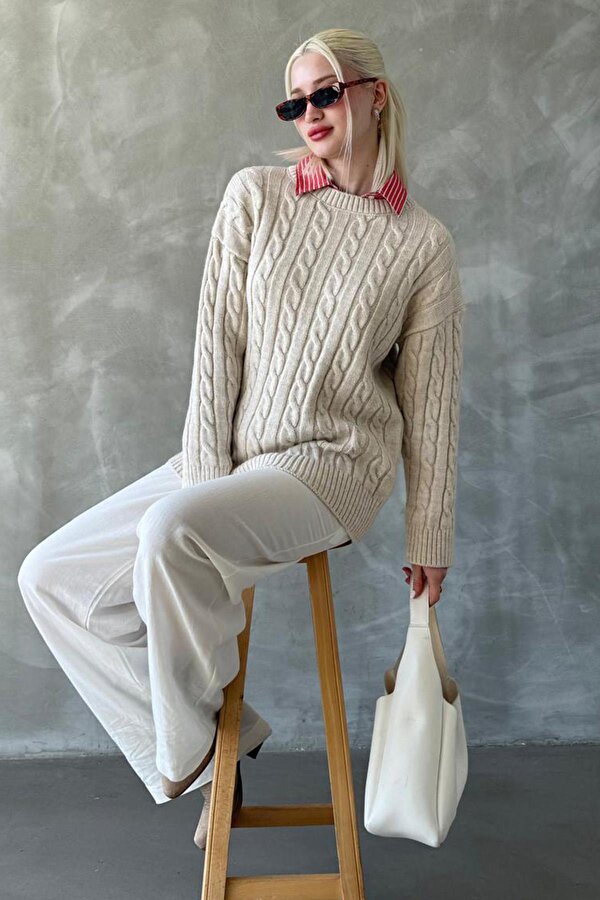 Ekru Bisiklet Yaka Örgülü Triko Kazak Mg2336