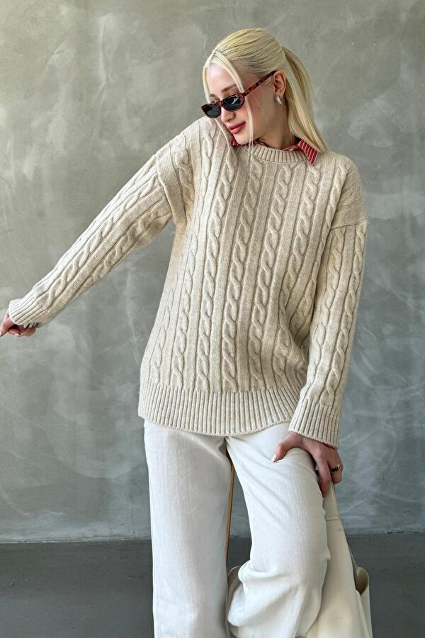 Ekru Bisiklet Yaka Örgülü Triko Kazak Mg2336