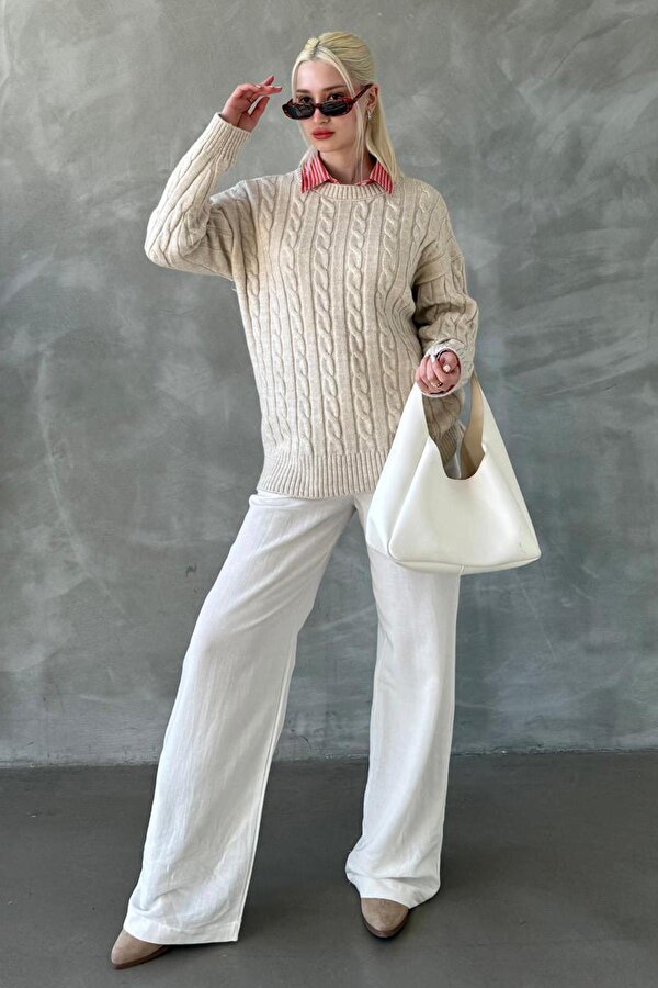 Ekru Bisiklet Yaka Örgülü Triko Kazak Mg2336