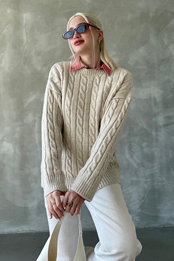 Ekru Bisiklet Yaka Örgülü Triko Kazak Mg2336