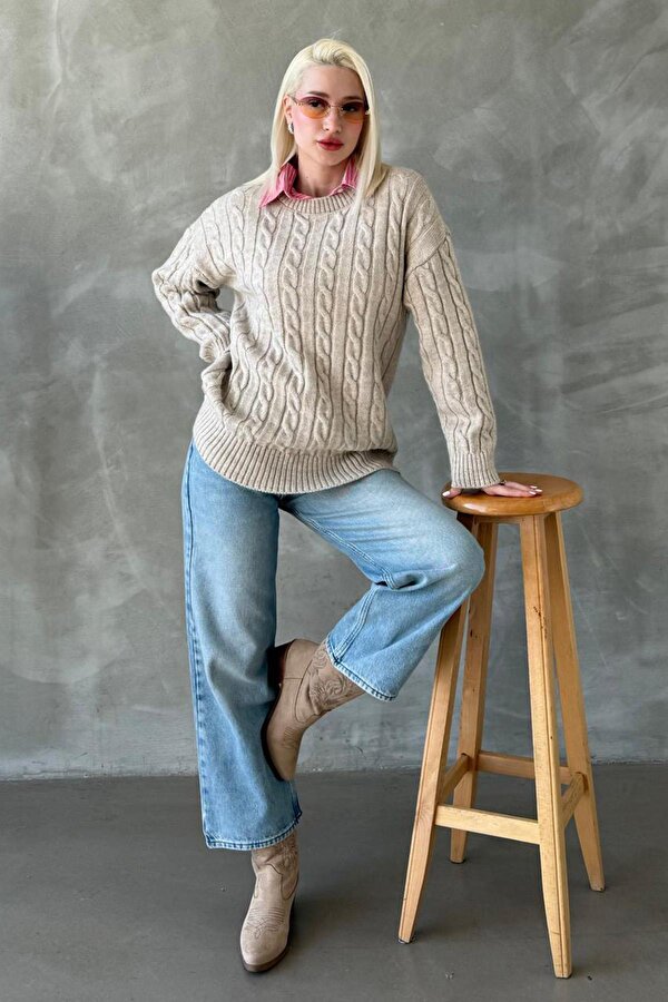 Bej Bisiklet Yaka Örgülü Triko Kazak Mg2336