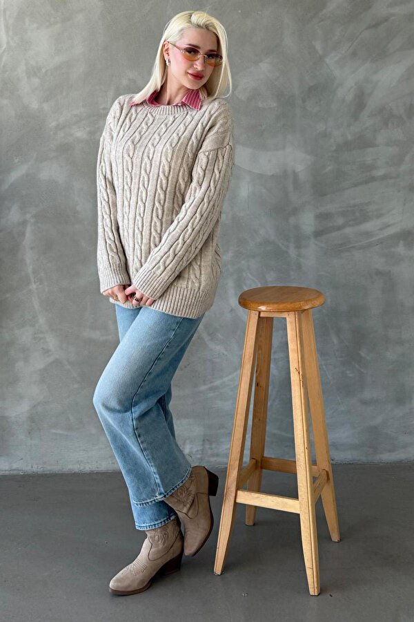 Bej Bisiklet Yaka Örgülü Triko Kazak Mg2336