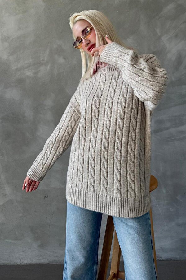 Bej Bisiklet Yaka Örgülü Triko Kazak Mg2336