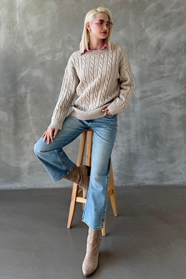 Bej Bisiklet Yaka Örgülü Triko Kazak Mg2336