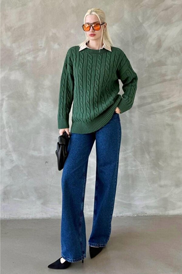 Yeşil Bisiklet Yaka Örgülü Triko Kazak Mg2336