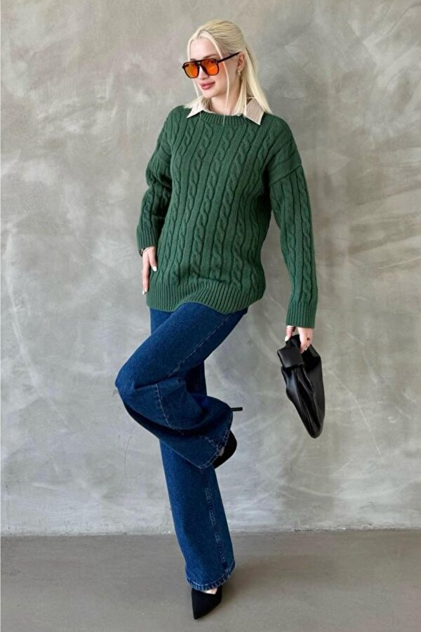 Yeşil Bisiklet Yaka Örgülü Triko Kazak Mg2336