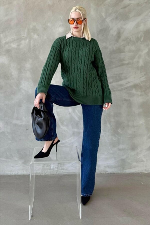 Yeşil Bisiklet Yaka Örgülü Triko Kazak Mg2336