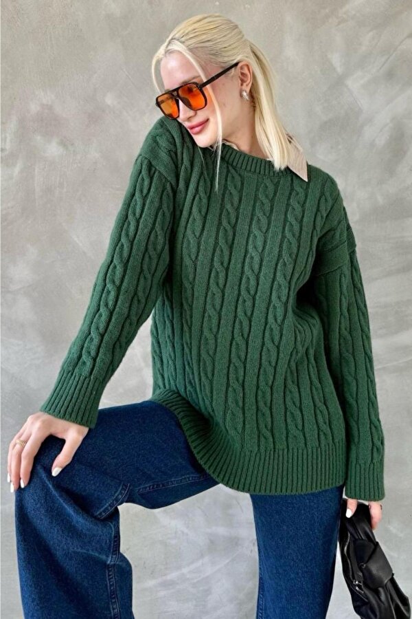 Yeşil Bisiklet Yaka Örgülü Triko Kazak Mg2336