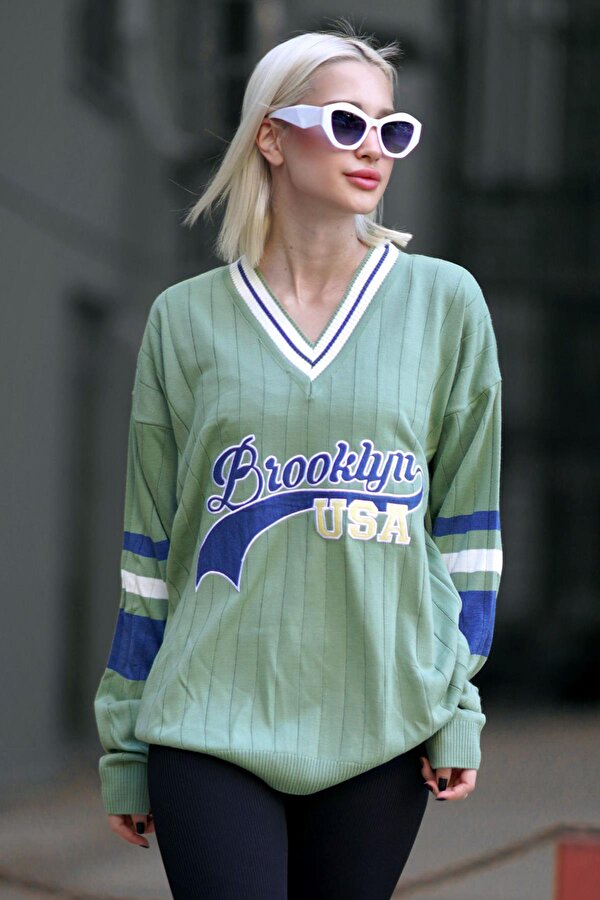 Mint Yeşili V Yaka Nakışlı Kadın Kazak MG1279