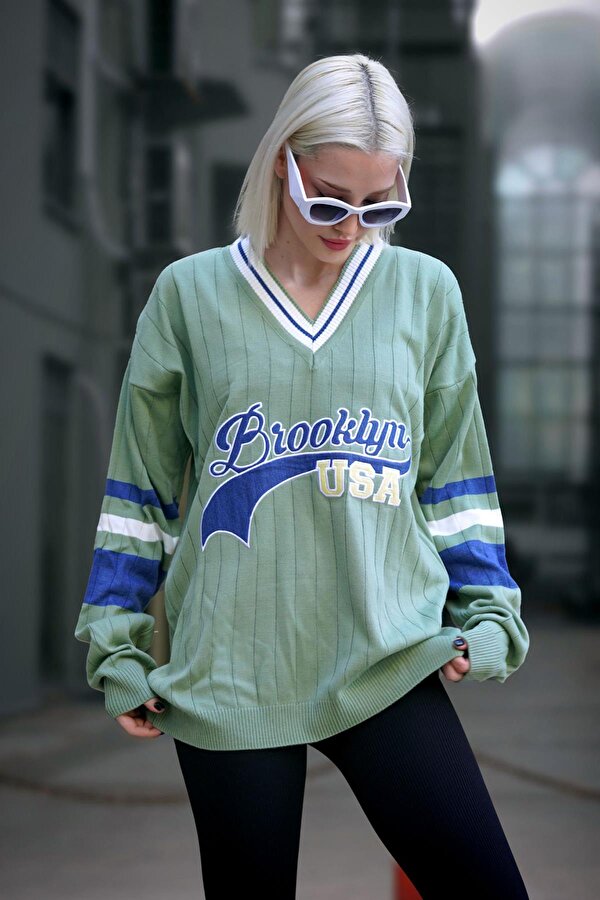 Mint Yeşili V Yaka Nakışlı Kadın Kazak MG1279