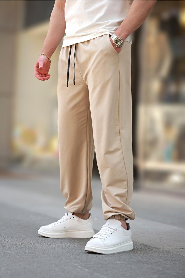 Bej Rahat Kesim Paçası Lastikli  Erkek Eşofman Altı E6573