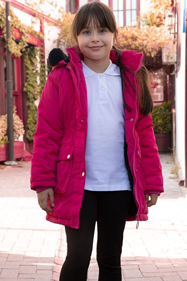 Pembe Kapaklı Cepli İçi Kürklü Çıkarılabilir Kapüşonlu Kız Çocuk Şişme Mont 21483