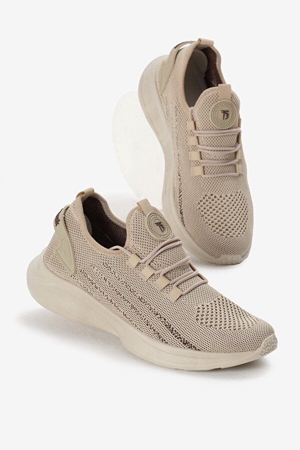 Unisex Bej Termo Taban Şerit Detaylı Bağcıklı Triko Spor Ayakkabı