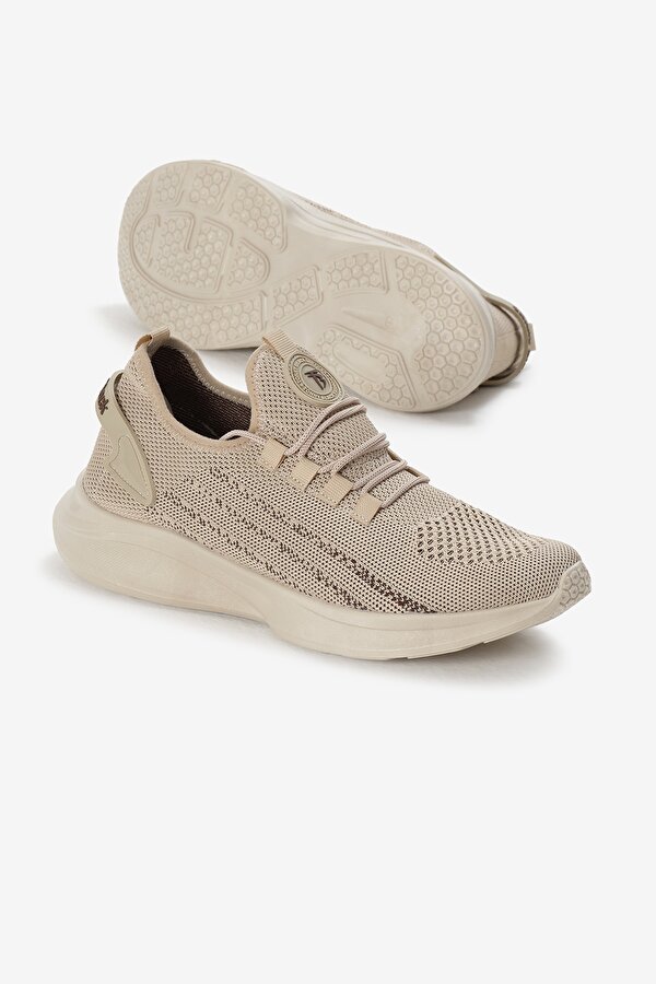 Unisex Bej Termo Taban Şerit Detaylı Bağcıklı Triko Spor Ayakkabı