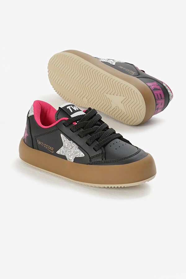 Çocuk Unisex Siyah Gümüş Termo Taban Yıldız Detaylı Bağcıklı ve Cırtlı Spor Ayakkabı