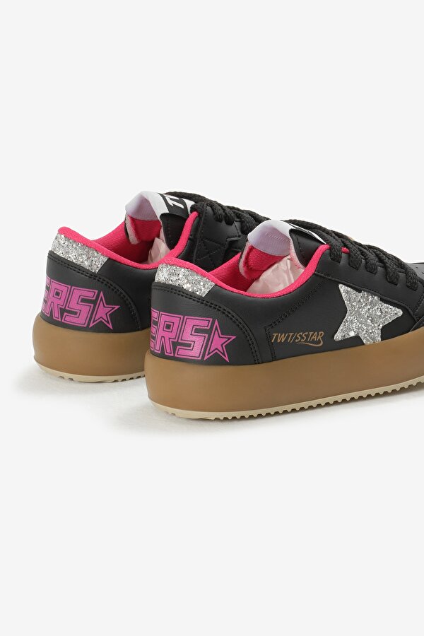 Çocuk Unisex Siyah Gümüş Termo Taban Yıldız Detaylı Bağcıklı ve Cırtlı Spor Ayakkabı