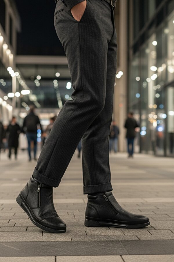 ANDY Hakiki Deri Çift Fermuarlı İçi Kürklü Erkek Kışlık Bot