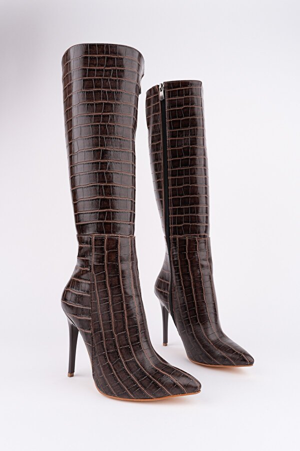 ZEST Kroko Desenli Sivri Burun Fermuarlı İnce Topuklu Kadın Çizme