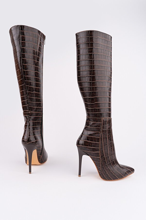 ZEST Kroko Desenli Sivri Burun Fermuarlı İnce Topuklu Kadın Çizme
