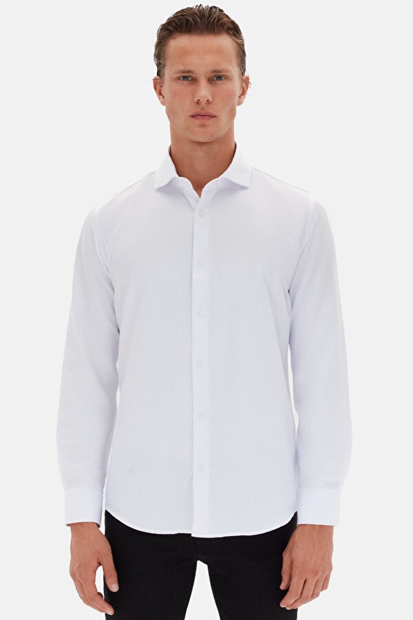 Ds Damat Slim Fit Beyaz İtalyan Yaka Armürlü Uzun Kollu Kolay Ütülenebilir Nefes Alan Dört Mevsim Gö