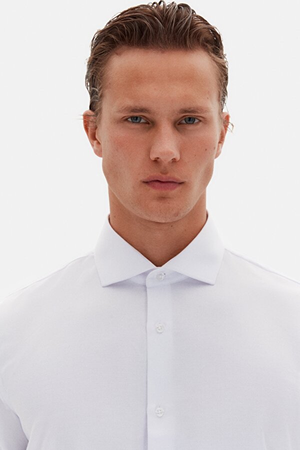 Ds Damat Slim Fit Beyaz İtalyan Yaka Armürlü Uzun Kollu Kolay Ütülenebilir Nefes Alan Dört Mevsim Gö