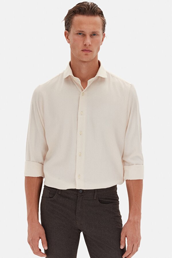 Ds Damat Slim Fit Bej İtalyan Yaka Armürlü Uzun Kollu Kolay Ütülenebilir Nefes Alan Dört Mevsim Göml