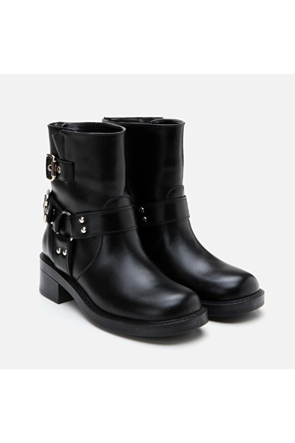 Siyah Kadın Tokalı Düz Bot